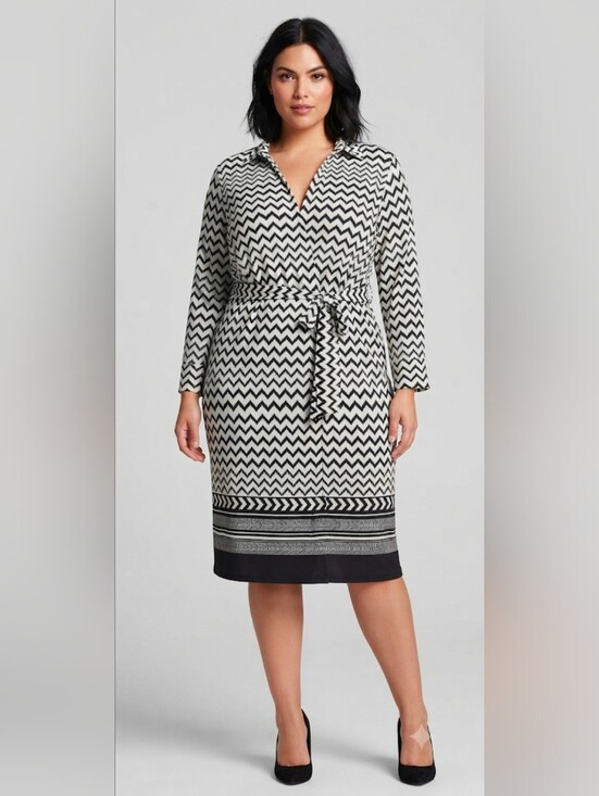 Mlle Gabrielle Chevron Other - Mlle Gabrielle Black & White Chevron Print Midi Dress – Size 3X